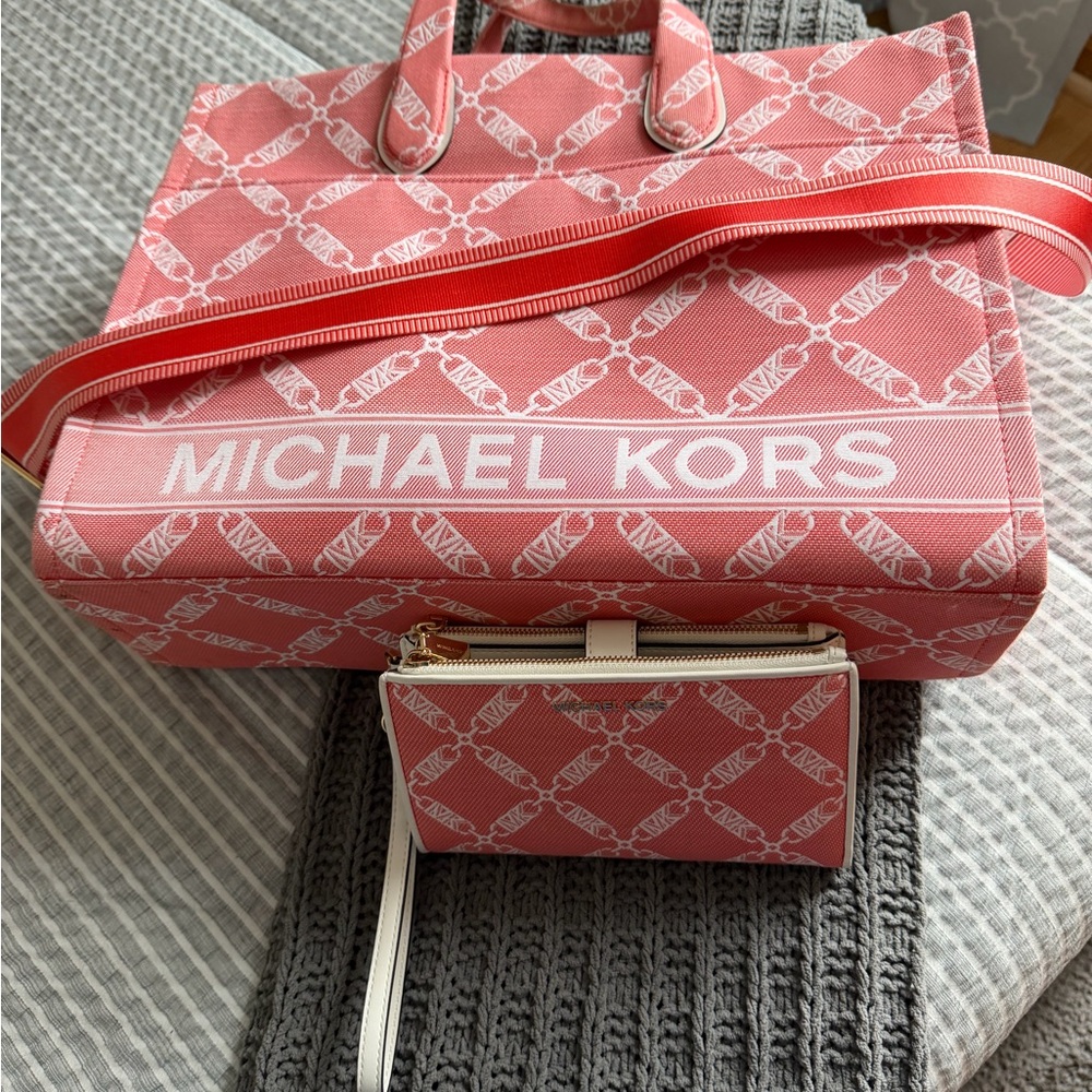 Michael Kors Coral Pink Logo Canvas Tote with Matching Wallet and Stripe Strap